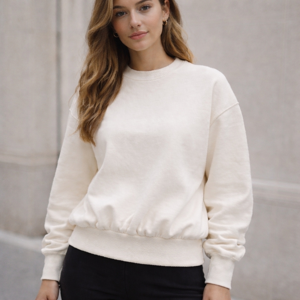 Sporty & Rich Soft White Pintuck Crewneck Sweatshirt XS Minimalist Athleisure